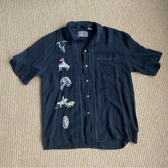 Scully Mens Western Charm Embroidered Black Button Down Silk Shirt Size Medium - Picture 4 of 11